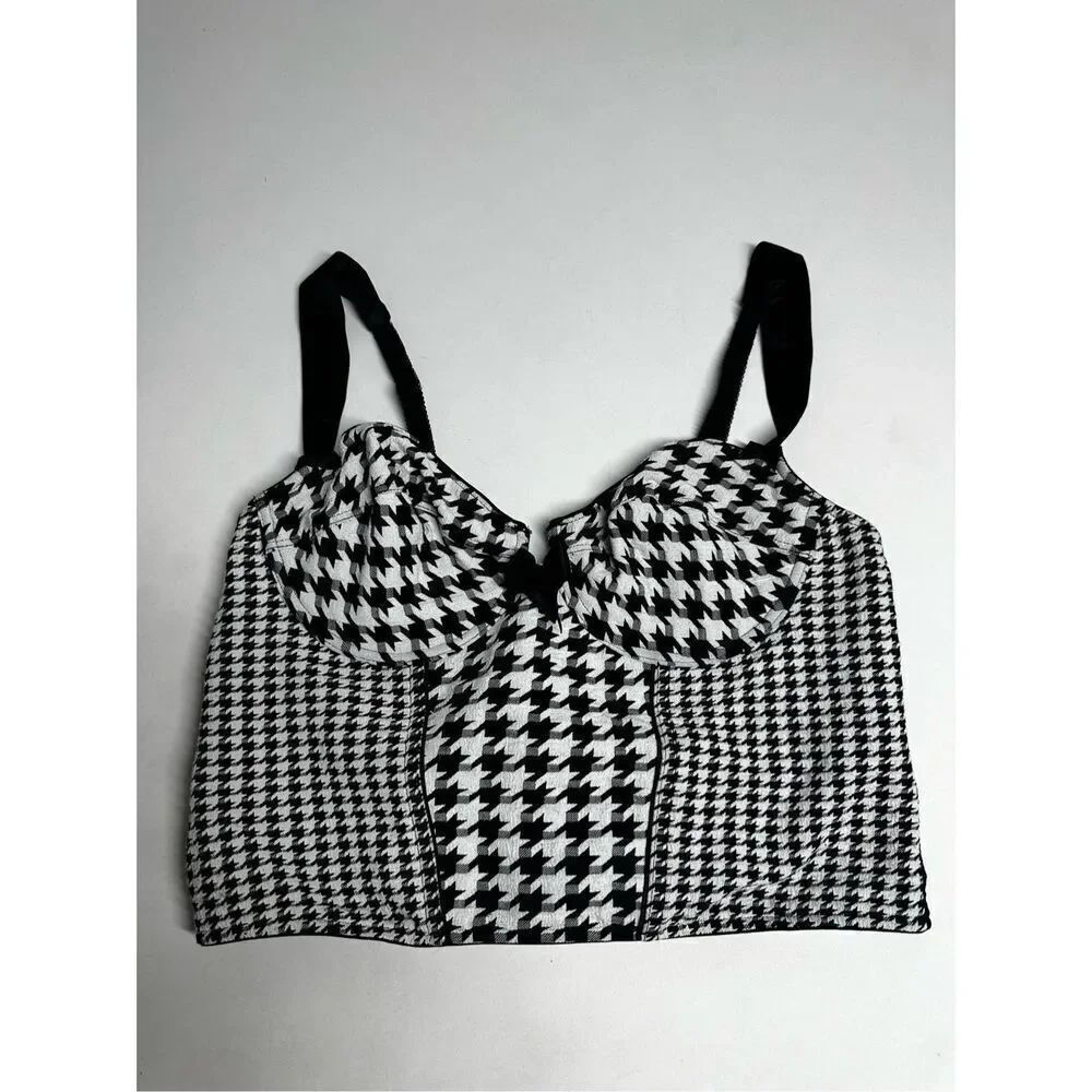 Charnel Checkered Crop Top Bra Size 80 EU/ 36 US Black White Back Hooks Closure